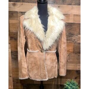 Vintage 90's Guess Leather Jacket Penny Lane Whipstitch Boho Faux Fur Coat y2k